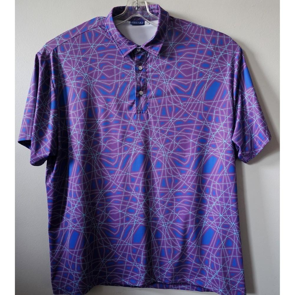 Hreski Golf Polo Shirt Men's Size 2XL Performance Stretch Purple Geometric Print - Picture 1 of 8